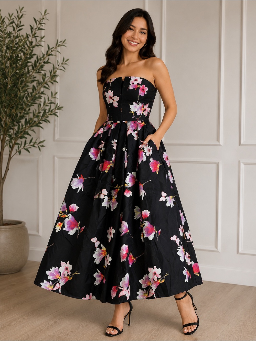 Sequins & Hearts Floral dress - Black with Pink Floral size 7